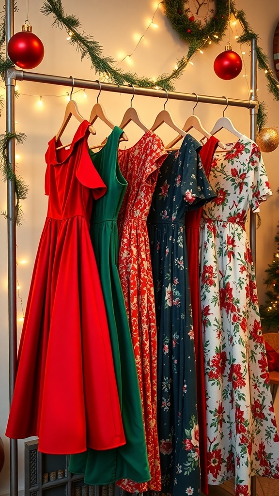 A collection of vintage Christmas dresses in red, green, and floral patterns displayed with holiday decorations.